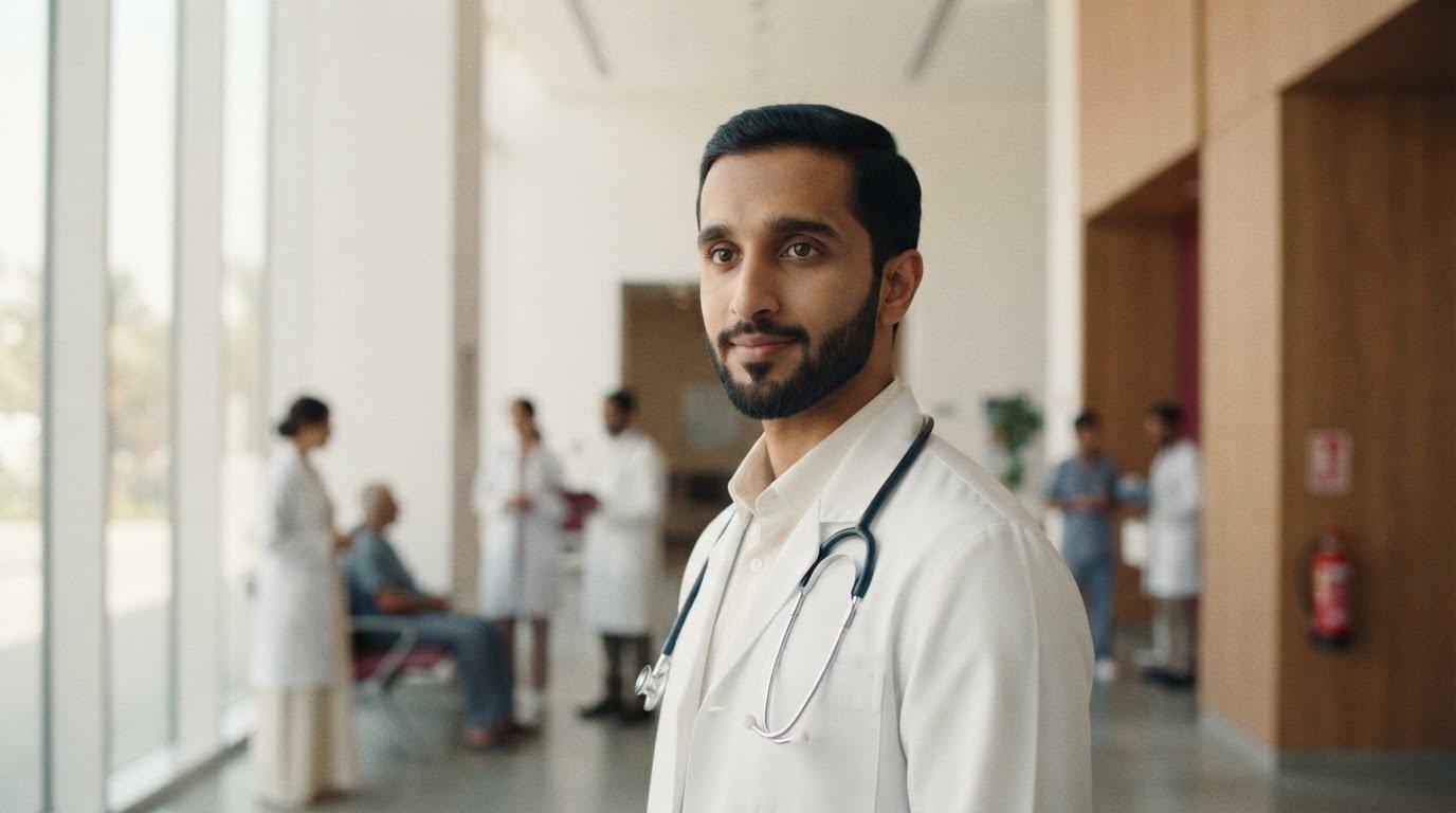 الشاب بمعطف الطبيب في المستشفى