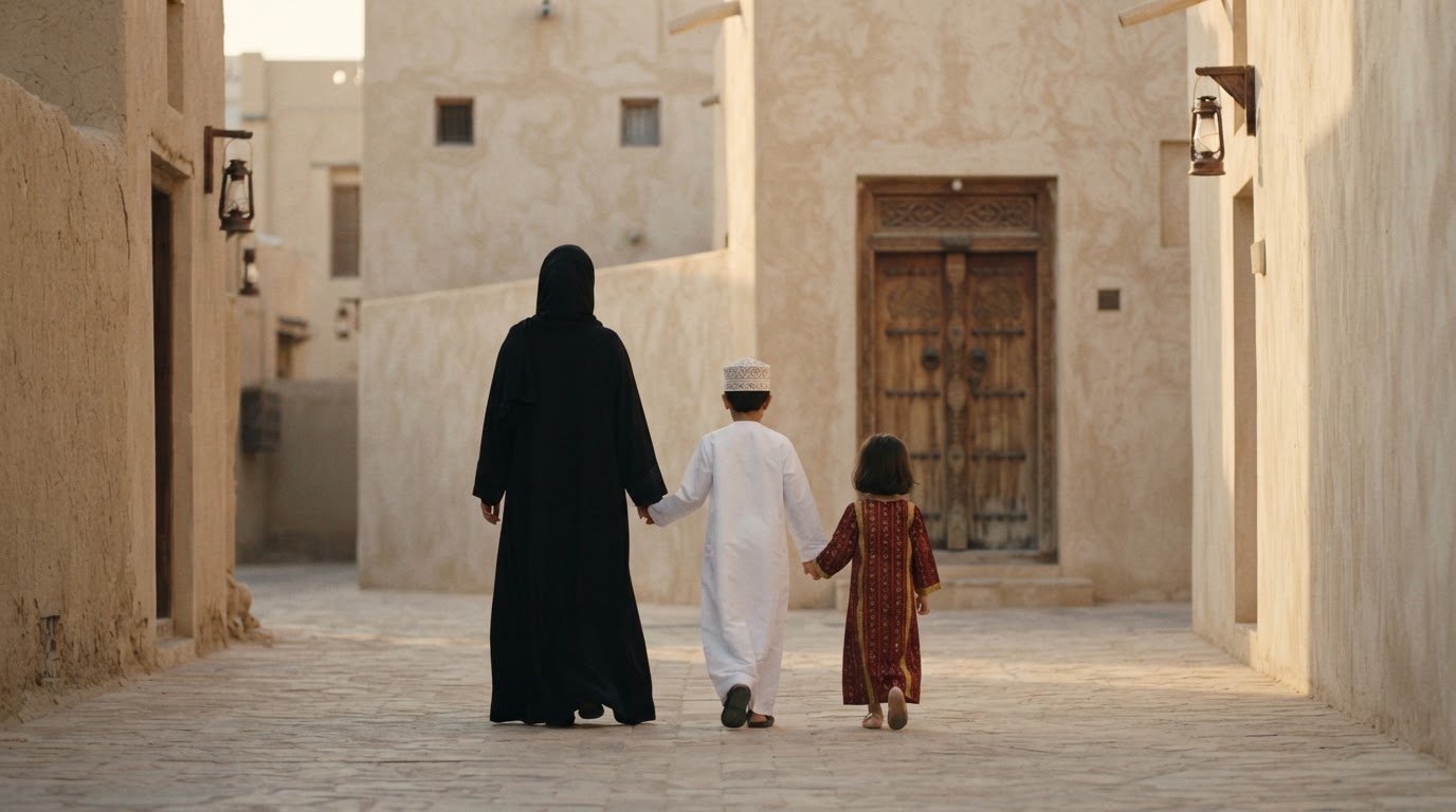 أم وطفلاها يمشون نحو باب البيت